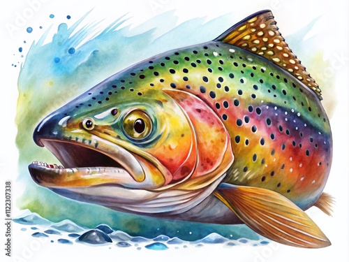 Vibrant Watercolor Trout Clipart for Nature and Fishing Themes with Ample Copy Space for Custom Text or Graphics photo