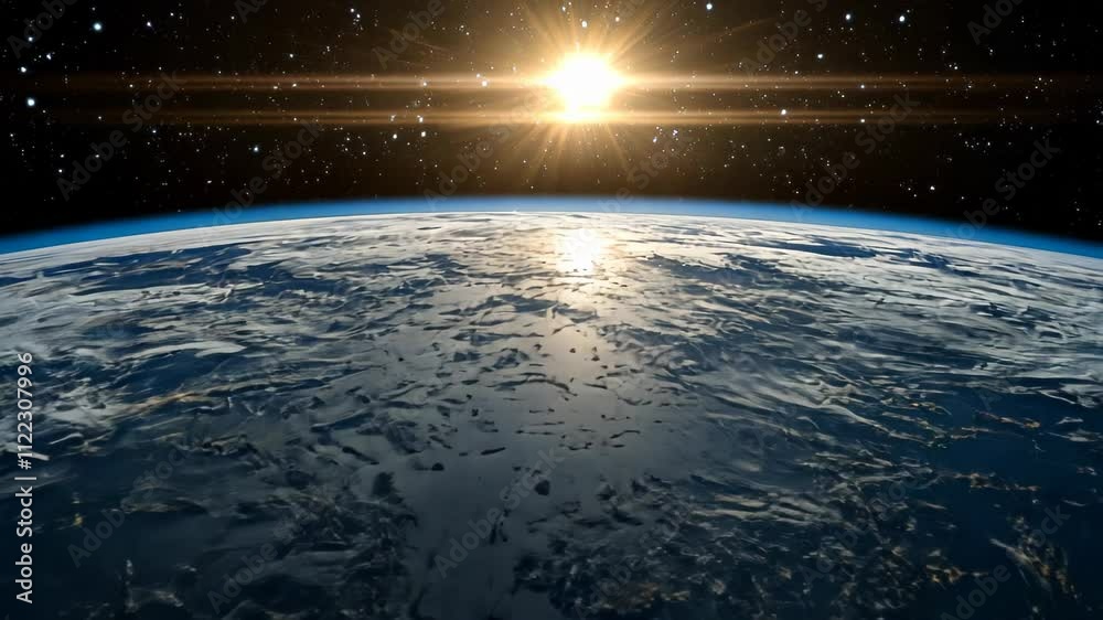 Sunrise Earth from Space: A breathtaking view of our planet emerging from the darkness, bathed in the golden light of a rising sun, showcasing the beauty and fragility of our world.
