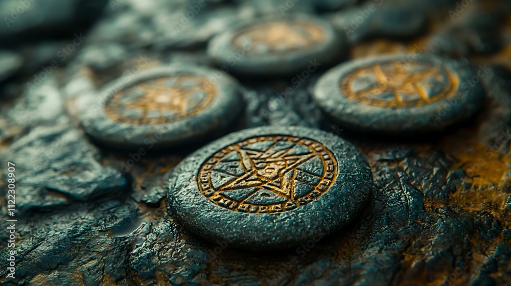 Fototapeta premium Mystical runes made of stone resting on a Viking-inspired decorative background
