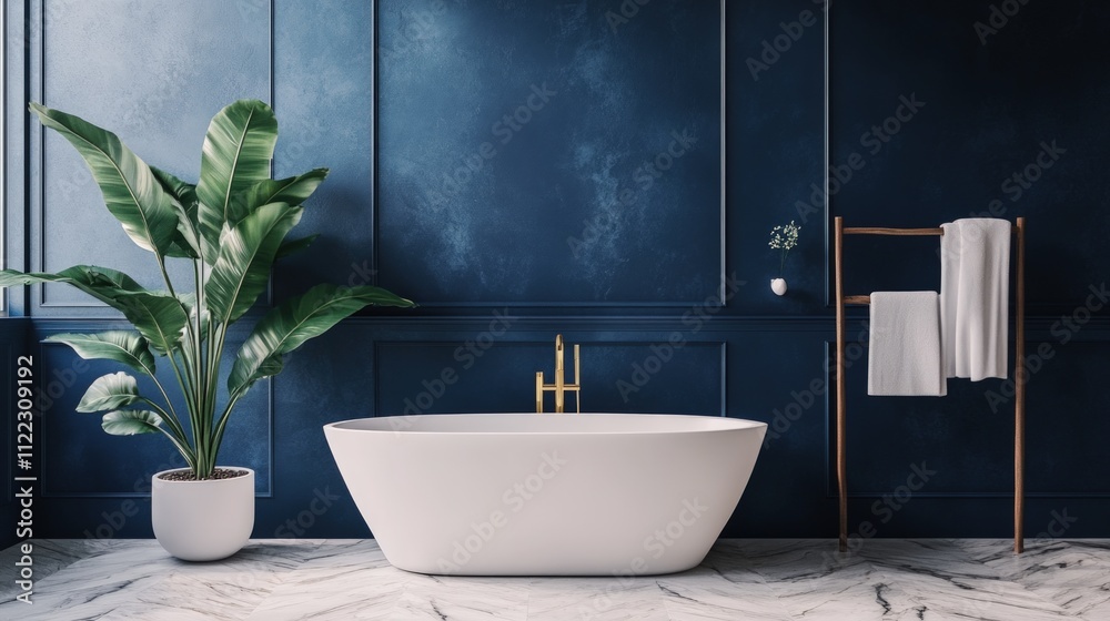 Fototapeta premium Modern bathroom, dark blue walls, freestanding tub.