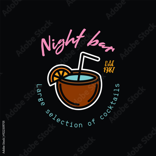 Original vector poster of a night bar. Coconut juice with a straw.