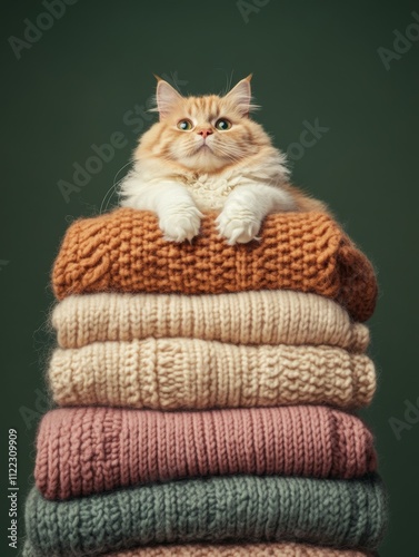 Cute christmass cat in top of the pile of whooly plaids photo