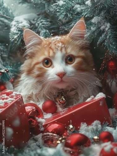 Fluffy christmass red cat with christmas atmosphere
