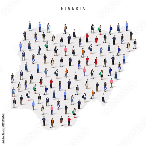 Nigeria population map. Large group of realistic a diverse crowd of people figures in a shape of Nigerian map. Flat vector illustration isolated on white.