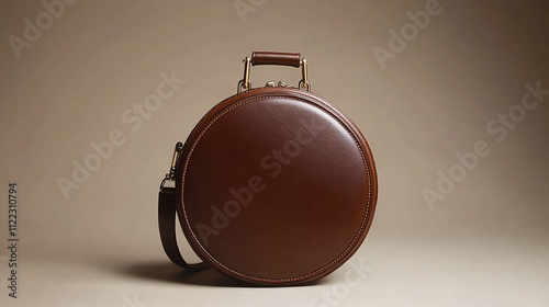 Round brown leather travel hat box with handle and strap.