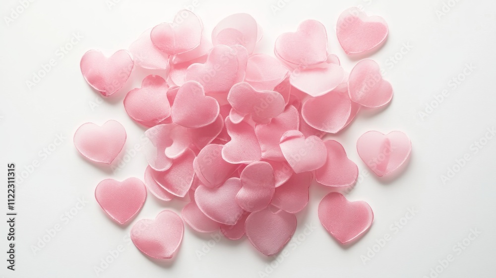 Fototapeta premium 54.Playful arrangement of pink heart confetti in vector format on a white backdrop, featuring a mix of large and small hearts with transparent layers, creating a sense of depth and festive motion for