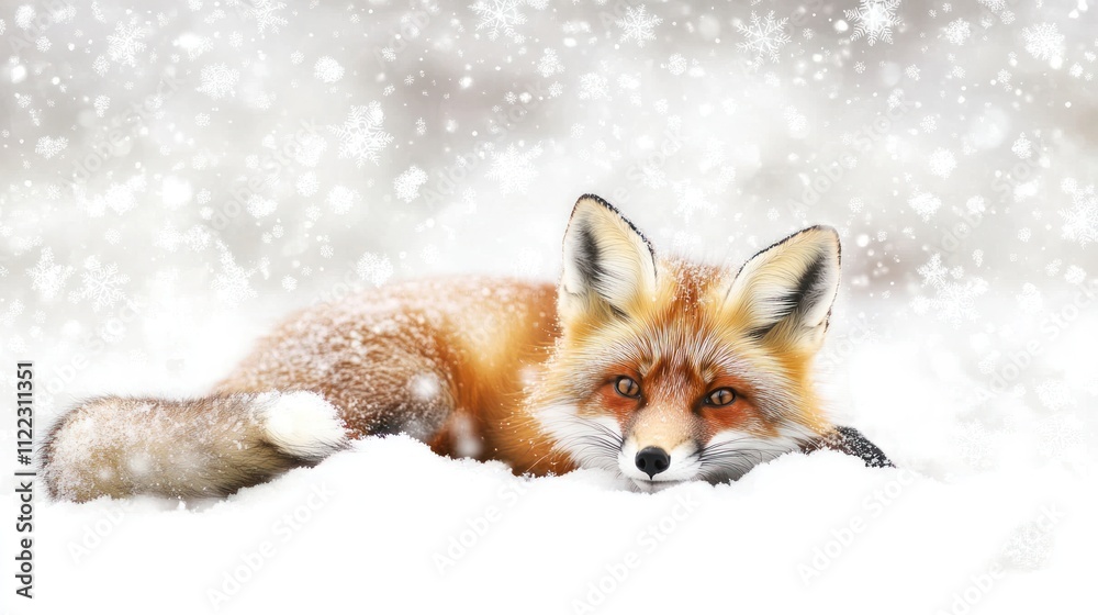 Obraz premium Red fox resting in snowy landscape. (2)