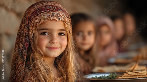 Generations gather around the Passover Seder table in a Jerusalem courtyard as sunset casts an amber glow on traditional symbols of the holiday photo