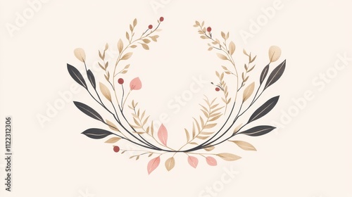 73.An elegant vector pack of symmetrical laurels, delicate flower motifs, and curved banners, designed with thin, graceful lines, organic leaves, and floral details, with a gentle pastel palette for