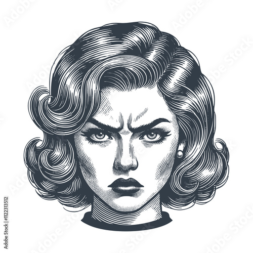 Angry Retro Girl Portrait. Vintage woodcut engraving style vector illiustration.