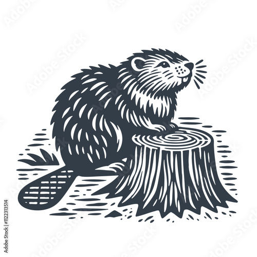 Beaver near a Tree Stump. Vintage wood block print style vector illiustration.