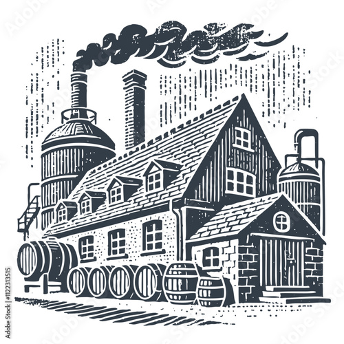 Brewery. Vintage wood block print style vector illiustration.