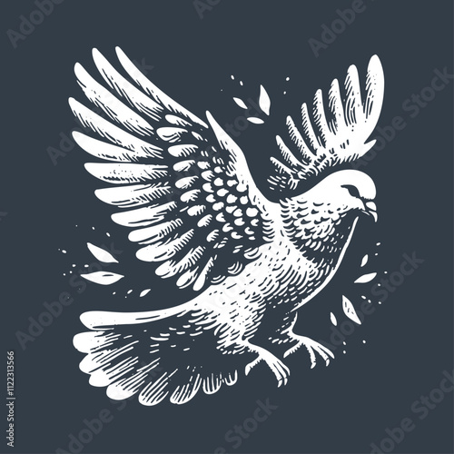Dove Flying. Vintage wood block print style vector illiustration.