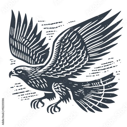 Hawk Flying Agressively. Vintage wood block print style vector illiustration.