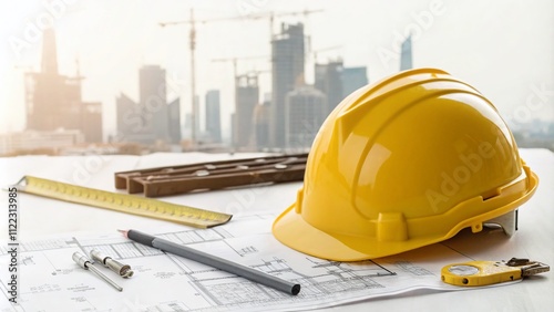 Yellow Protective Construction Helmet Isolated on White Background with Double Exposure Effect Featuring Urban Skyline and Construction Tools for Safety and Industry Themes photo