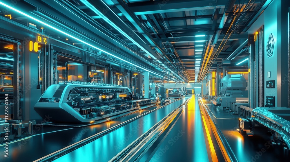 Obraz premium Futuristic factory interior with automated production line and glowing lights.