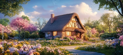 Idyllic Spring Cottage: A Dreamy Thatched-Roof Home Nestled in a Vibrant Floral Garden