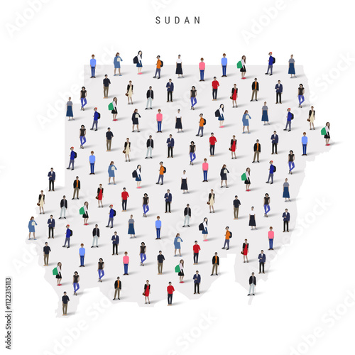 Sudan population map. Large group of realistic a diverse crowd of people figures in a shape of Sudanese map. Flat vector illustration isolated on white.