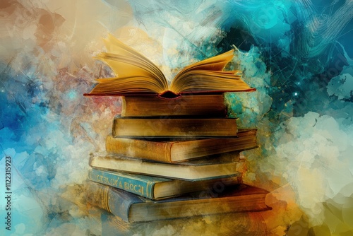 Books stacked in abstract art colorful background digital illustration creative space artistic perspective imagination unleashed photo