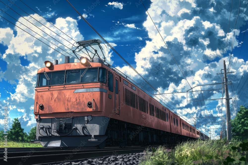 Obraz premium An anime-style illustration of an old red train on the tracks.