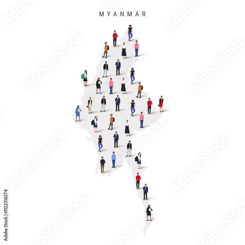 Myanmar population map. Large group of realistic a diverse crowd of people figures in a shape of Burma map. Flat vector illustration isolated on white.