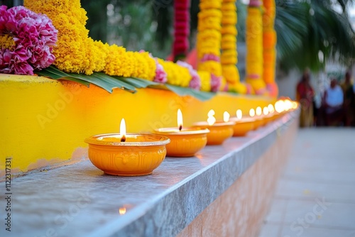 A brightly lit temple adorned with garlands and glowing diyas, with devotees performing evening aarti