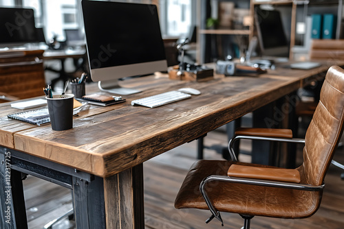 Rustic Office Desk with Leather Chair