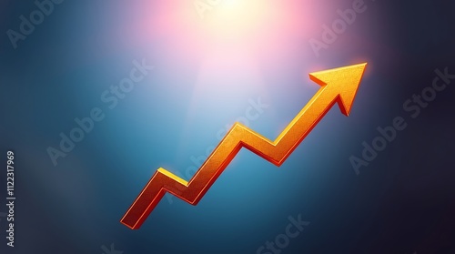Solid gold upward arrow on a blue background symbolizing growth and success