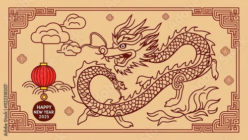  Chinese New Year Dragon Line Art Style Vector.