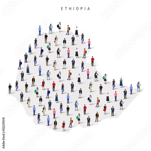 Ethiopia population map. Large group of realistic a diverse crowd of people figures in a shape of Ethiopian map. Flat vector illustration isolated on white.