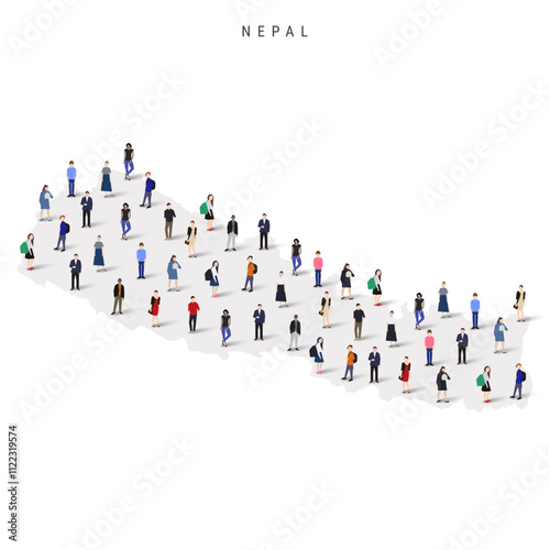 Nepal population map. Large group of realistic a diverse crowd of people figures in a shape of Nepali map. Flat vector illustration isolated on white.