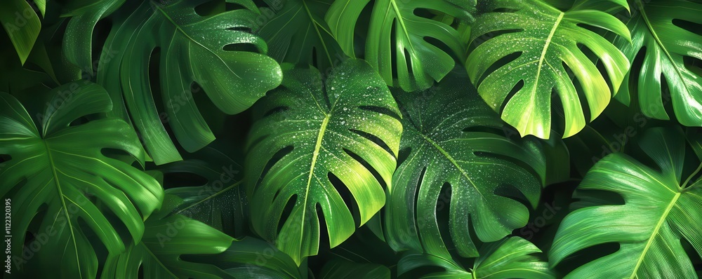 Fototapeta premium monstera leaves covered in dew, tropical forest flat design, top view, exotic greenery, animation style, Split-complementary Color Scheme