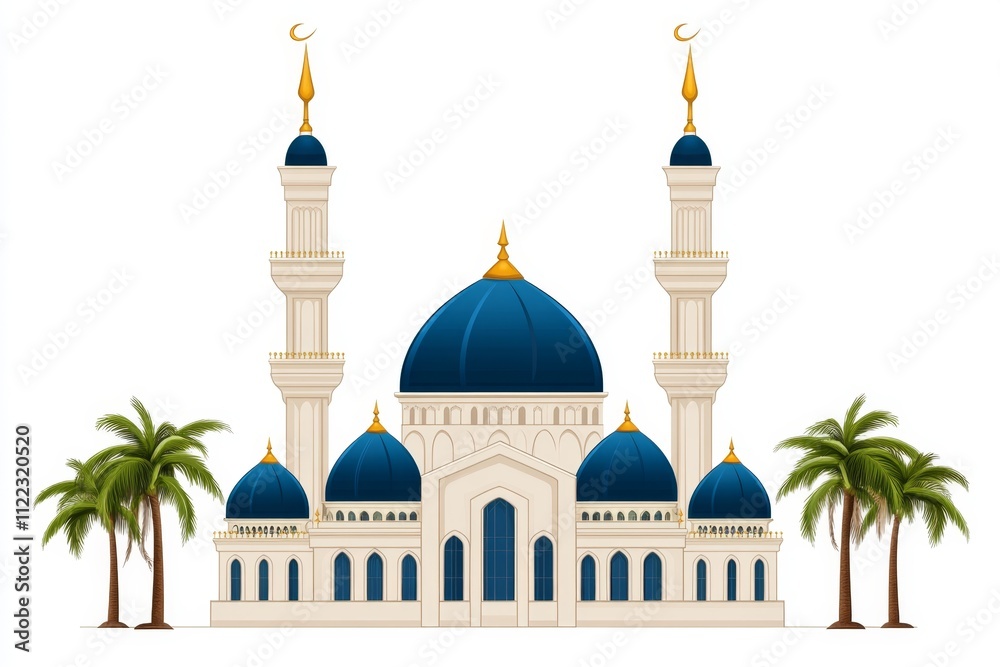 Obraz premium A flat illustration of the mosque domes and minarets, surrounded by palm trees, on a clean white canvas