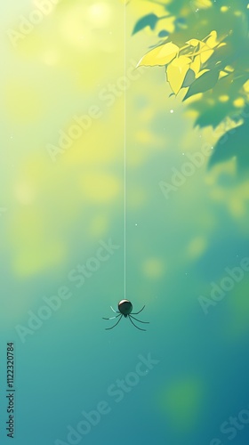 a small spider hanging against a nature backdrop, phone wallpaper photo