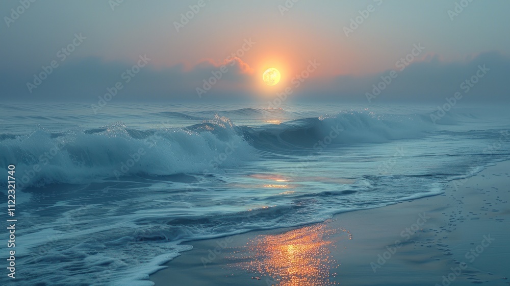Fototapeta premium Misty sunrise over ocean waves on sandy beach. (1)
