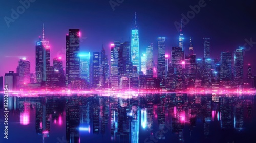 Wallpaper Mural Neon-lit cityscape reflected in water at night. Torontodigital.ca