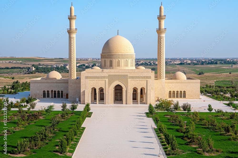 Obraz premium A high-angle view of the mosque showcasing the symmetry of its domes, minarets, and vast open courtyard