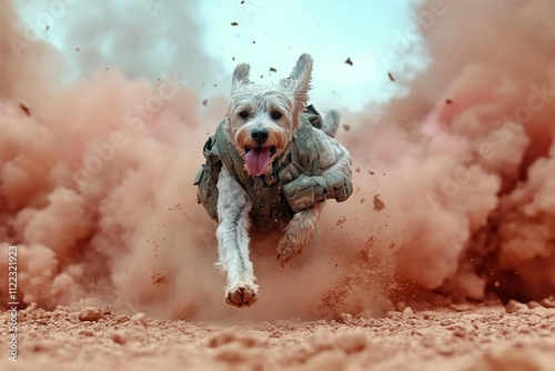 A heroic war dog dragging an injured soldier to safety amidst a smoky battlefield, their bond symbolizing courage and loyalty photo