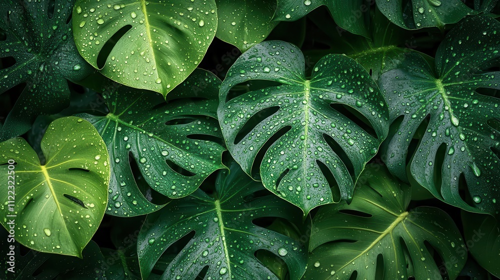 Fototapeta premium tropical monstera leaves with fresh water droplets, rainforest flat design, top view, vibrant nature, water color, Complementary Color Scheme