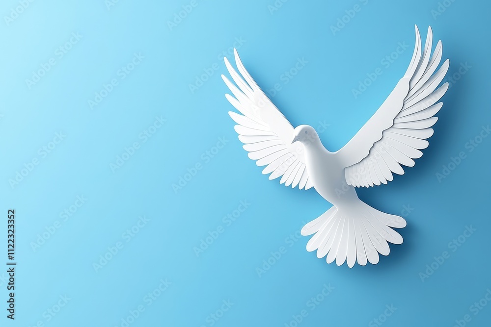Obraz premium A minimalist depiction of a flying dove with wings spread wide, illustrated in white against a calm blue gradient