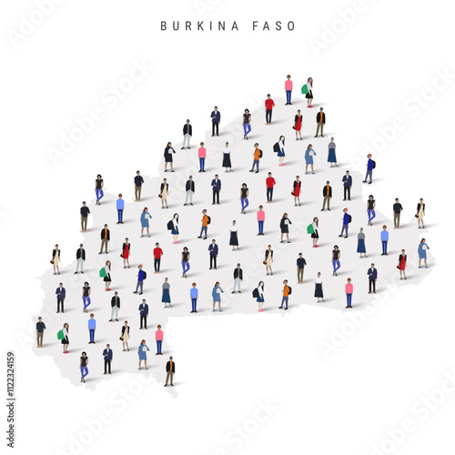 Burkina Faso population map. Large group of realistic a diverse crowd of people figures in a shape of Upper Volta map. Flat vector illustration isolated on white.