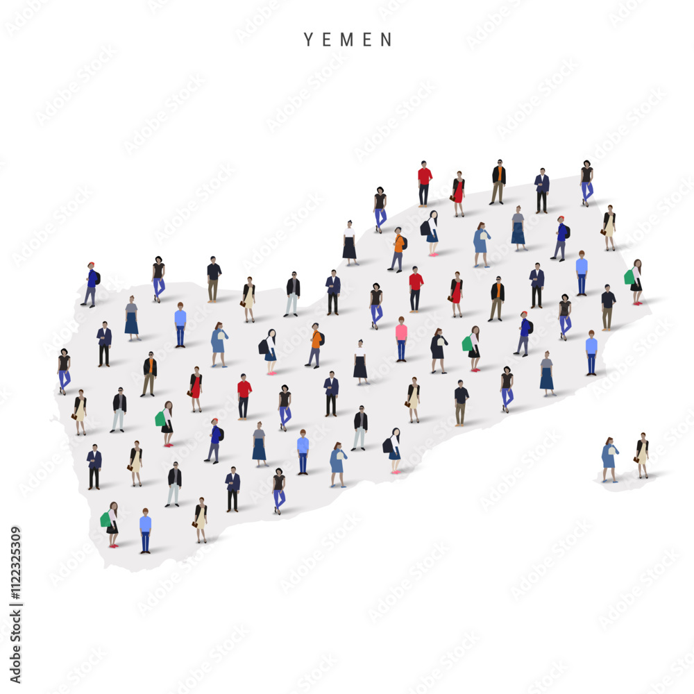 Yemen population map. Large group of realistic a diverse crowd of people figures in a shape of Yemeni map. Flat vector illustration isolated on white. Yemen population map. Large group of realistic a diverse crowd of people figures in a shape of Yemeni map. Flat vector illustration isolated on white.