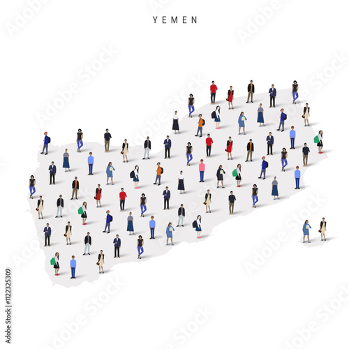 Yemen population map. Large group of realistic a diverse crowd of people figures in a shape of Yemeni map. Flat vector illustration isolated on white.