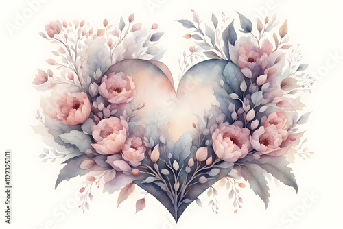 Watercolor Illustration of a Floral Design Cradling a Central Heart with Subtle Shadows