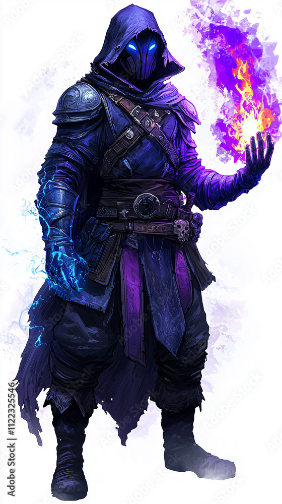 Fototapeta premium Dark hooded mage wielding glowing magic flames and lightning in a fantasy illustration