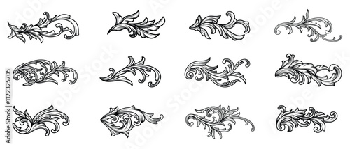 Set of Vintage Ornament Baroque. Victorian black line art, swirl flourish engraving ornamental elements vector design. Classical floral border elements, engraved leaves and frame filigree arabesque.