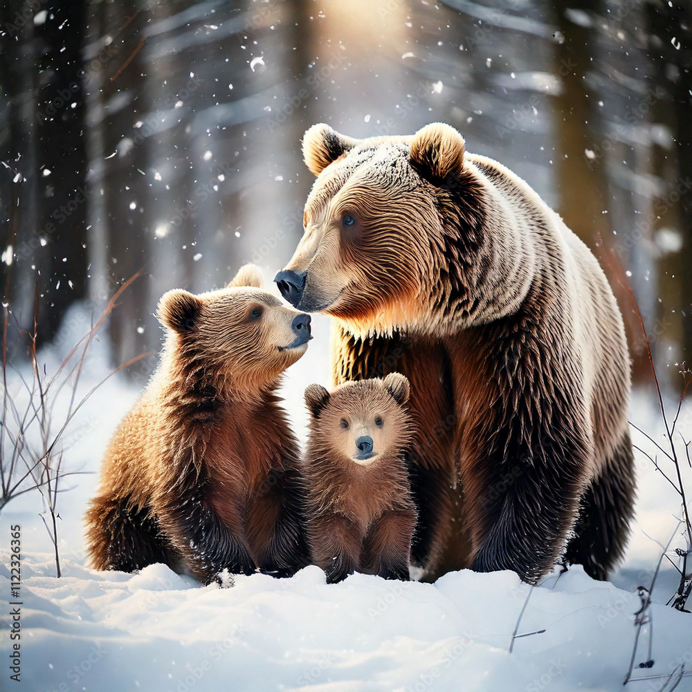 Obraz premium Heartwarming Winter Scene of a Bear Family