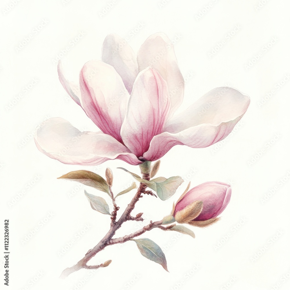 Fototapeta premium Watercolor painting of magnolia blossom and bud.