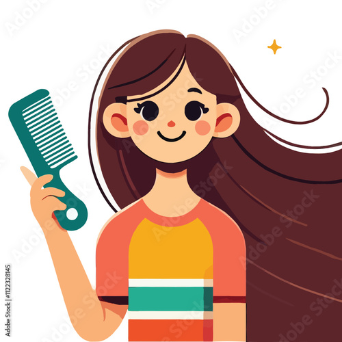 cartoon of a girl with long flowing hair holding a comb