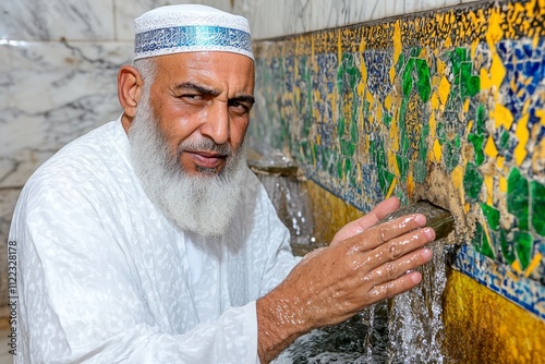 A tranquil scene of a man performing ablution at the mosque water fountain, preparing for prayer